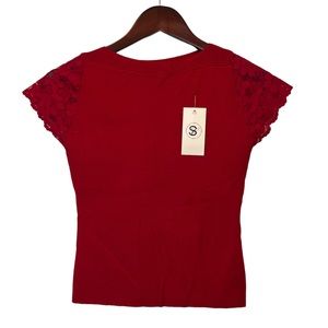 Cotton knit sweater top with lace cap sleeves